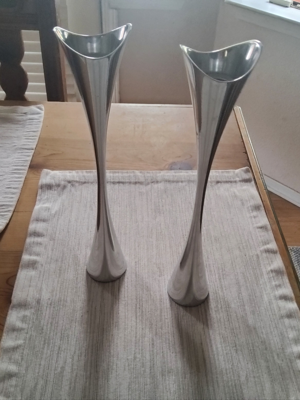 Nambe Polished Silver Modern Sculptural Candle Holders